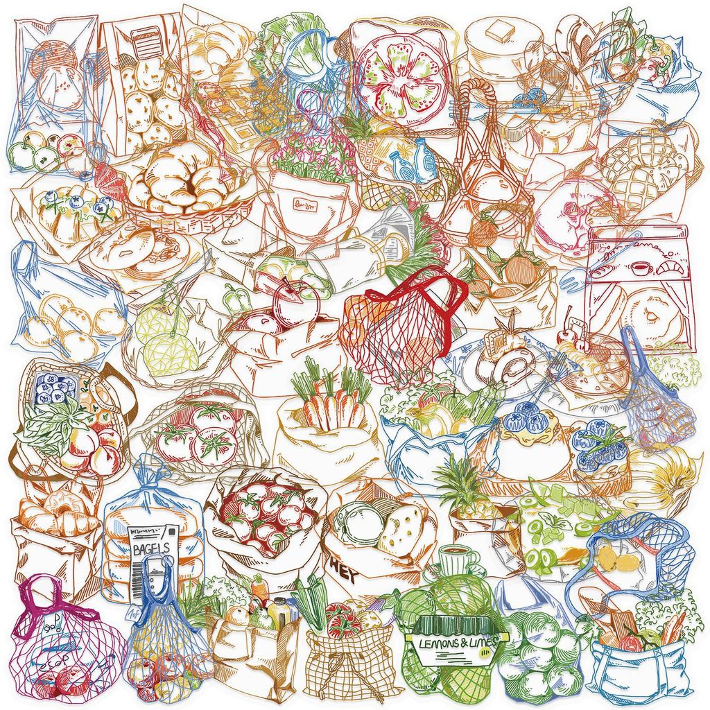 Food Snacks Drawing - 50 stuks kleurrijke lijntekeningen voedsel PET