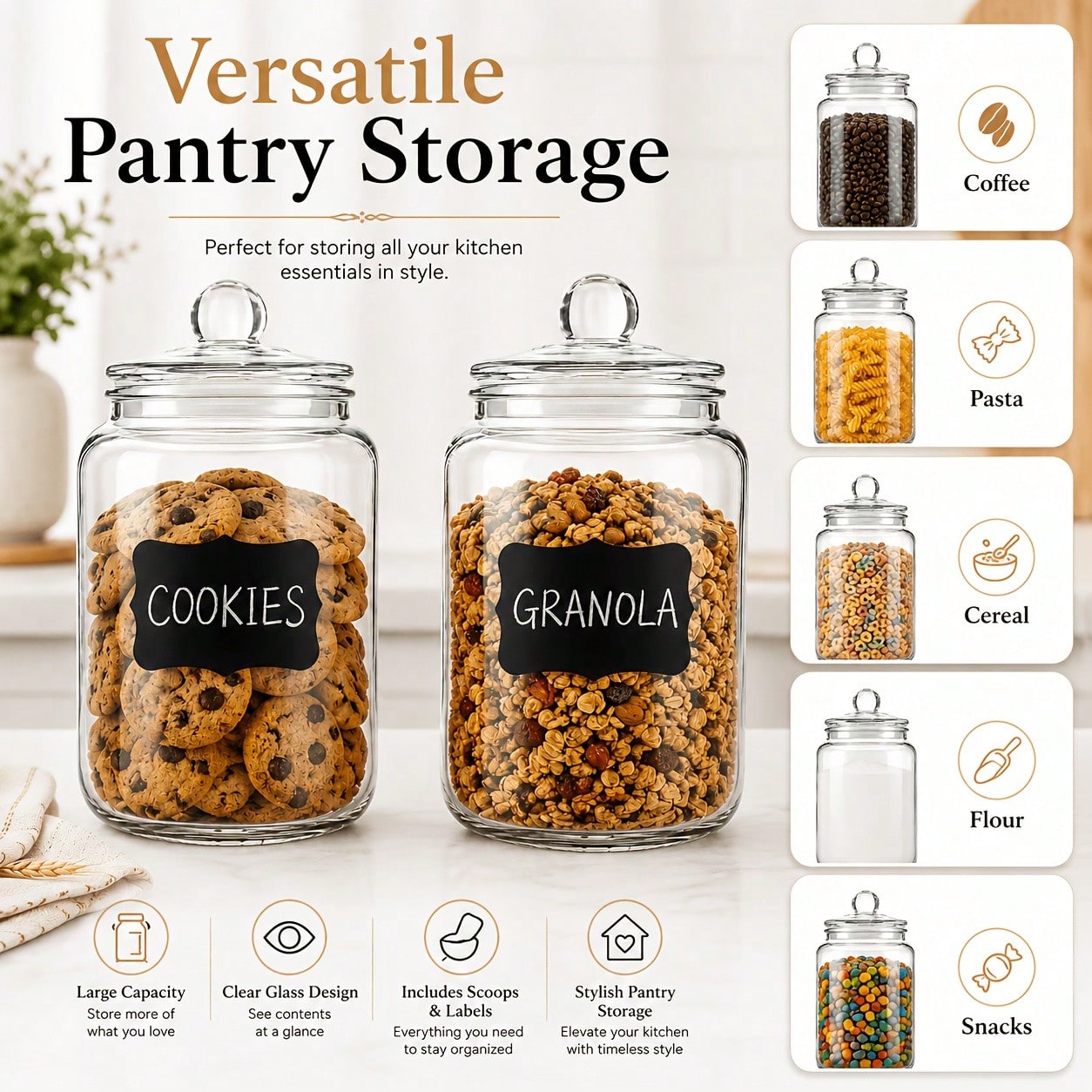 Snacks Food Labels - 2-delige set glazen voorraadpotten met deksels,